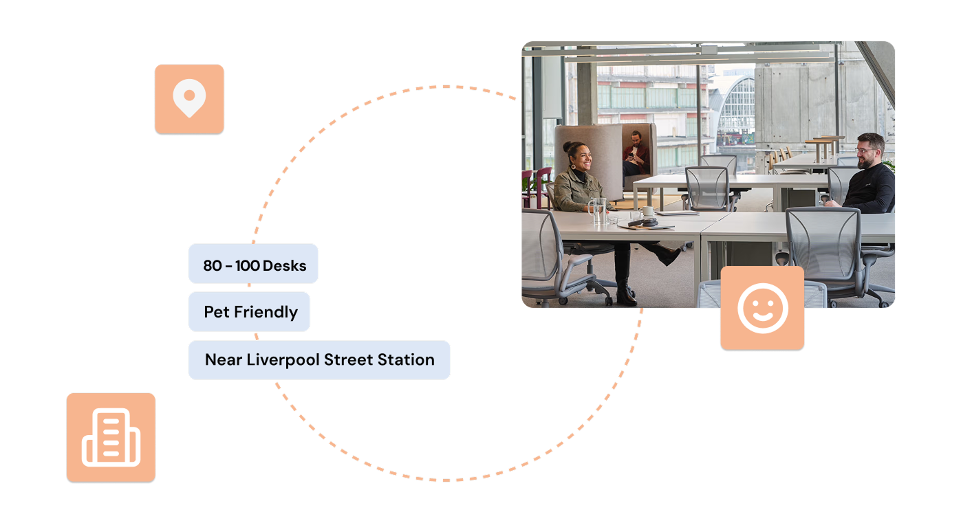 Commercial office space search with features like 80-100 desks, pet friendly, near Liverpool Street Station