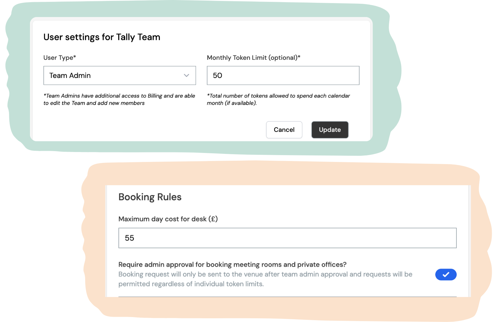 Team management interface showing user settings and booking rules for Tally Team