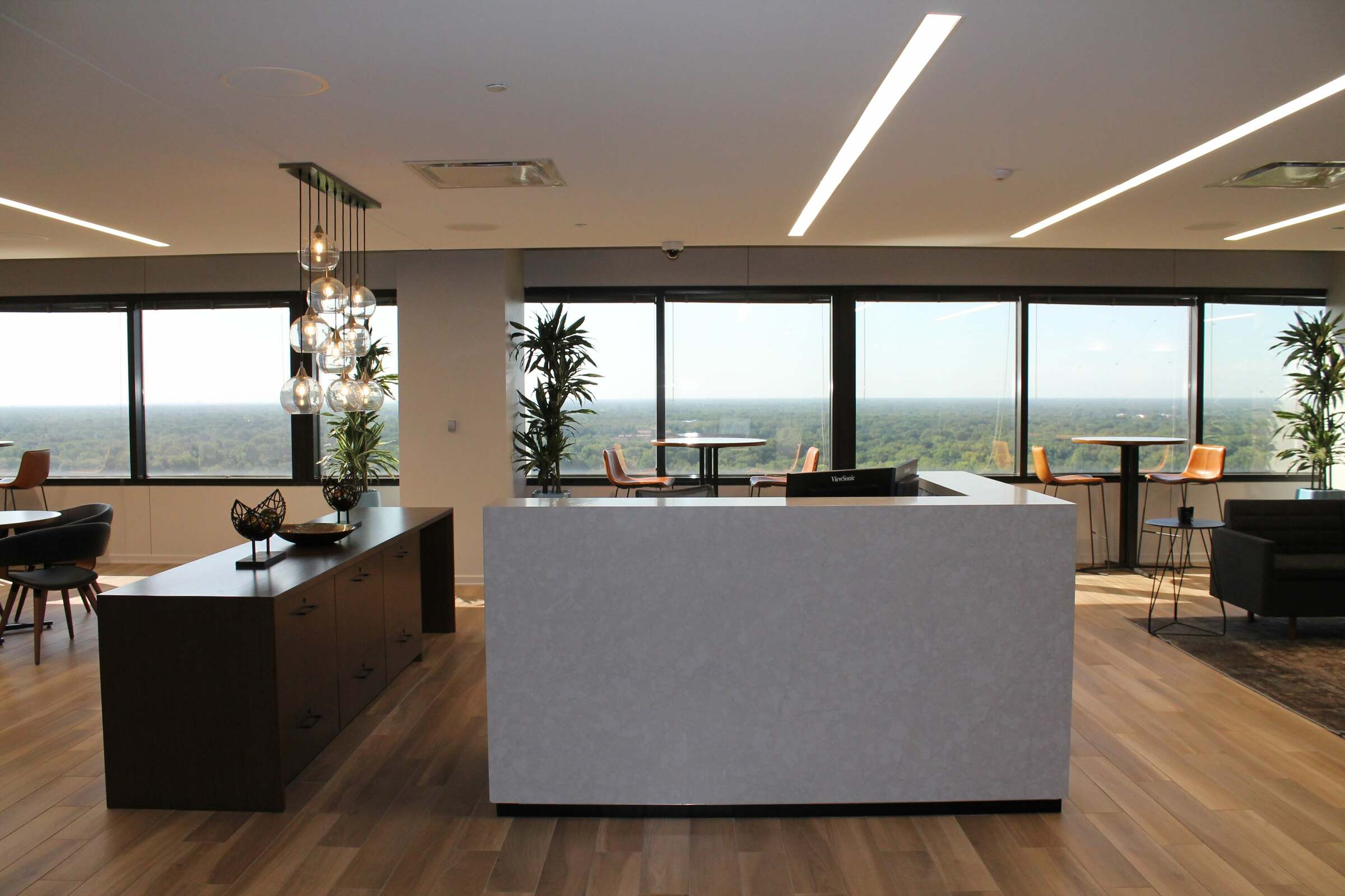 Office reception space with large windows 