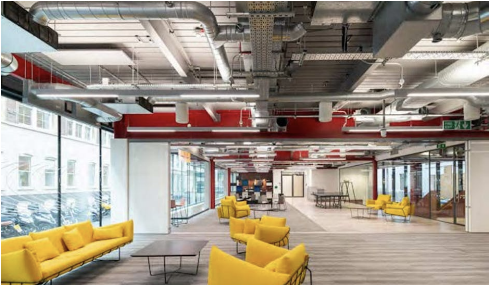 Modern office lounge area with yellow seating